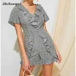 Monos de estilo playero para mujer, monos con estampado Floral y volantes, monos cortos con cuello de pico, monos informales para mujer 2019