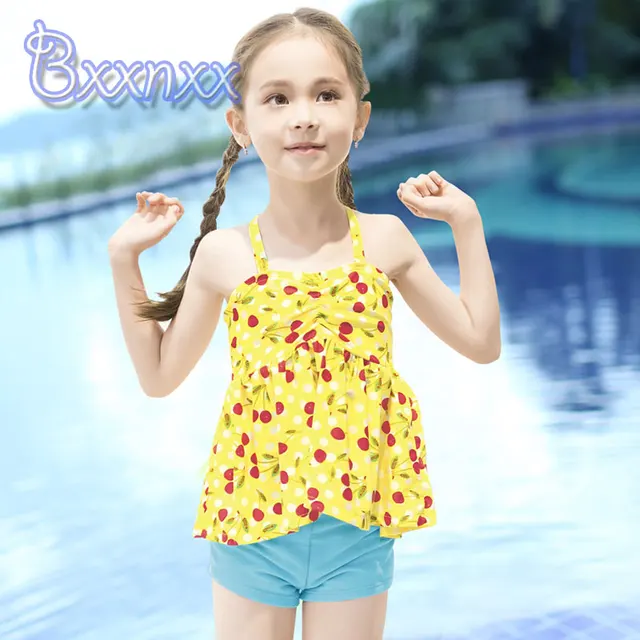 Print Cherry Lovely Tankini Girls Boxers Yellow Blue Swimsuit Kids ...