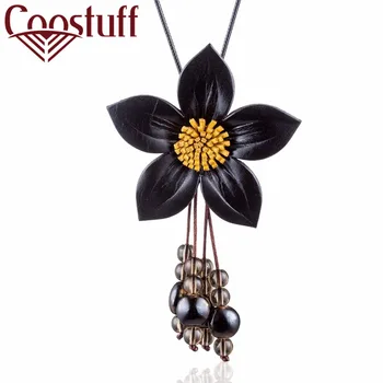 

necklaces & pendants Long Genuine Leather Flower Pendant vintage Handmade Jewelry women Black Rope Chain Choker suspension Gift