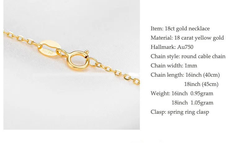 18 карат цепочка из желтого золота ожерелье, 18 К 1 мм круглый кабель цепь с пружинной застежкой, золотые ювелирные изделия bijoux для женщин трендовая цепочка