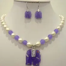 Белый жемчуг фиолетовый натуральный нефрит слон кулон ожерелье серьги набор