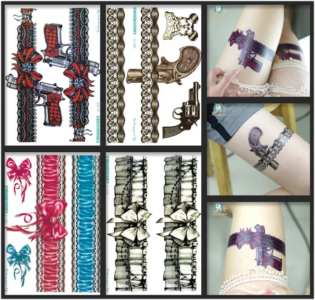 2018 Latest Beauty&Fashional Temporary Body Tattoo Stickers Big Bow-tie With Lace Gun Black Red Tattoo Stickers For Lady.