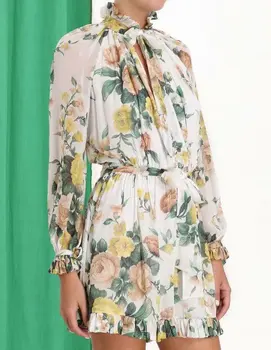 

2019 Summer Women Floral Print Short Jumpsuit V-Neck Button Sashes Rompers Lantern Long Sleeve Beach Playsuit