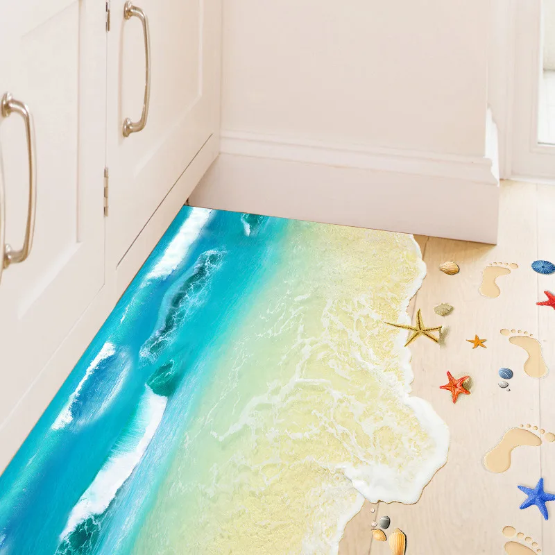 

2017 New Creative 3D Wall Stickers Starfish Footprint Beach Bathroom Floor Sticker Sea Vinilos Paredes Kids Poster LR8300