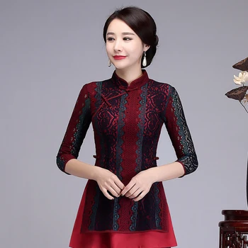 

Lace Chinese Leisure Women Mandarin Collar Shirt Irregular Three Quarter Sleeve Tops Slim Floral Tang Clothing M-4XL