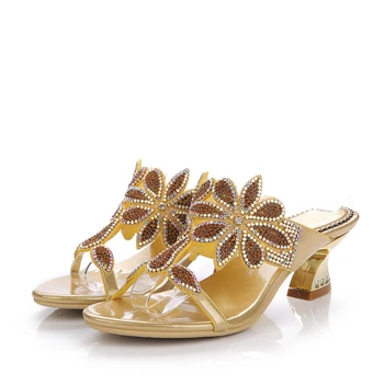 

Horse Shoes Heel Slippers Thick High Heel Women Flower Rhinestone Hollow Slippers Casual High Heel Slippers