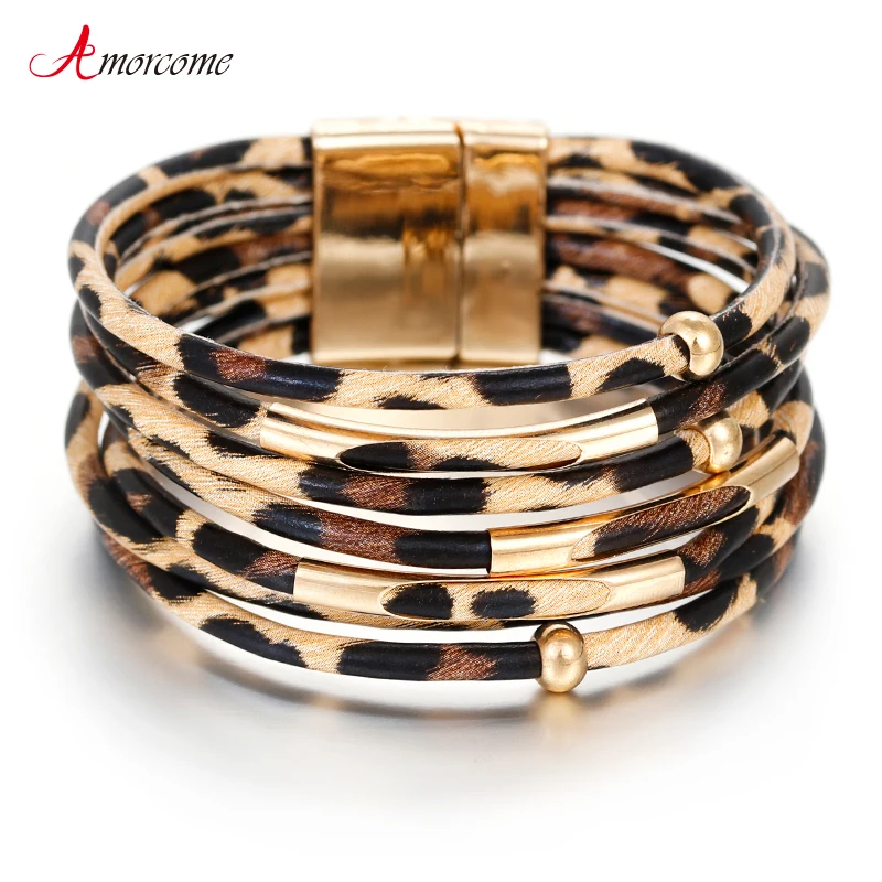 Amorcome Leopard Leather Bracelets For Women 2019 Fashion Bracelets & Bangles Elegant Multilayer Wide Wrap Bracelet Jewelry - Image 2