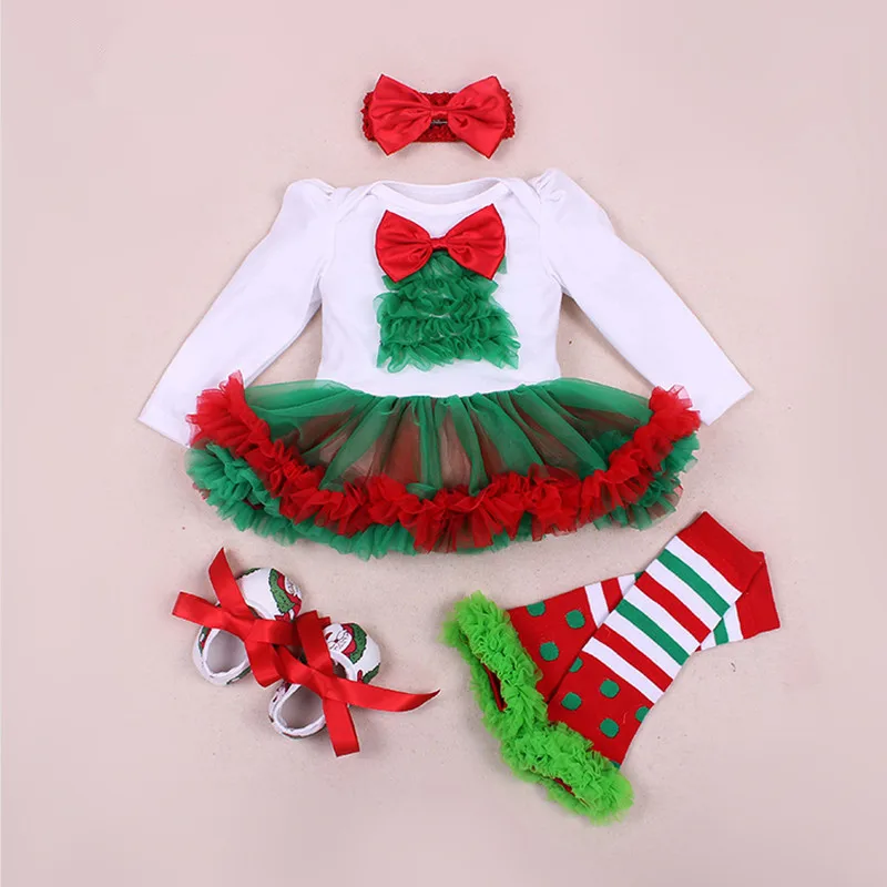 Комплект одежды для маленьких девочек 4 шт. Рождество рождественское платье для младенцев Платья принцессы для девочек младенческой Костюмы Санта Клаус комбинезон disfraz infantil