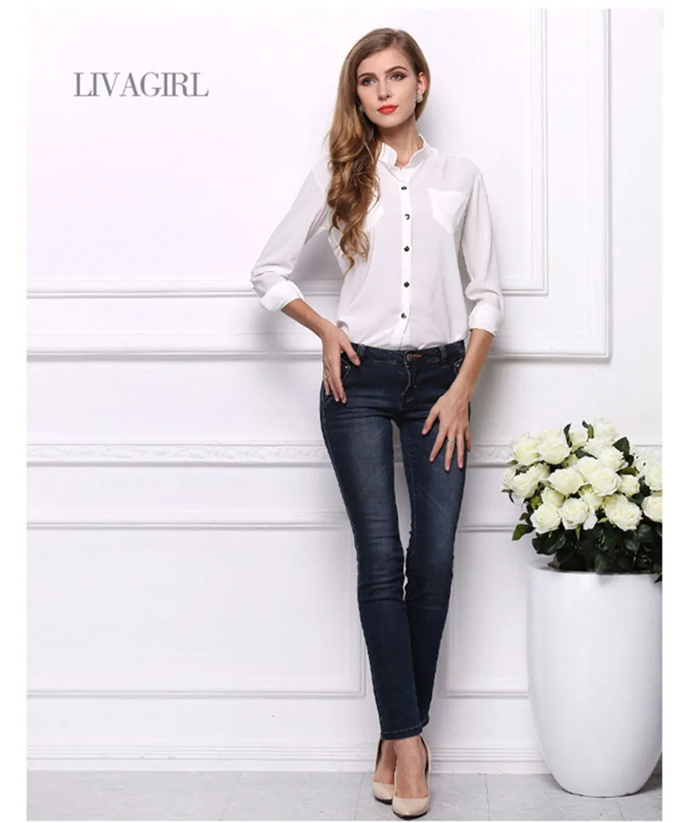 Mainland Women Blouses Fashion Summer Style Long Sleeve Sequin Chiffon Ladies Office Shirt White Blue Tops Formal Working Shirt (18)