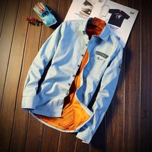 Мужские зимние джинсовые рубашки, мужские Модные Повседневные тонкие бархатные утепленные футболки с буквенным принтом, хлопковые ковбойские рубашки с длинным рукавом