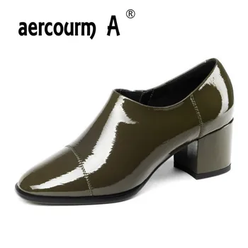 

Aercourm A 2019 Women Solid Color Dress Shoes Ladies Loafer Patent Leather Shoes Square Heel Women Round Toe Pumps Black Green