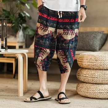 

2020 summer men's cotton and linen 7 minutes of pants for tropical printing loose harlan slacks