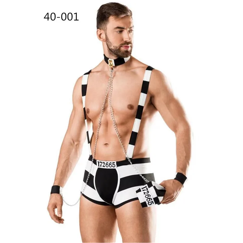 Faux Leather Policemen Jumpsuit Tie Top Tee With Panties Firemen Male Nurse Sexy Police Cosplay Costumes Motorcycle Role-Playing