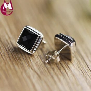 

Vintage Square Natural Black Agate Female Fine Jewelry Minimalism Genuine 925 Sterling Silver Stud Earrings for Women Gifts