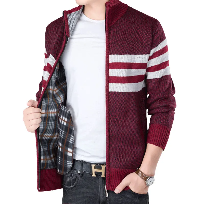 Autumn Man Casual Zipper Cardigan Sweater Wine Red Dark Gray Thicken