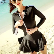 Женский черный купальник, сексуальный купальник с длинным рукавом, пуш-ап, юбка для плавания, спортивные женские боди, Maillot De Bain, монокини, купальные костюмы