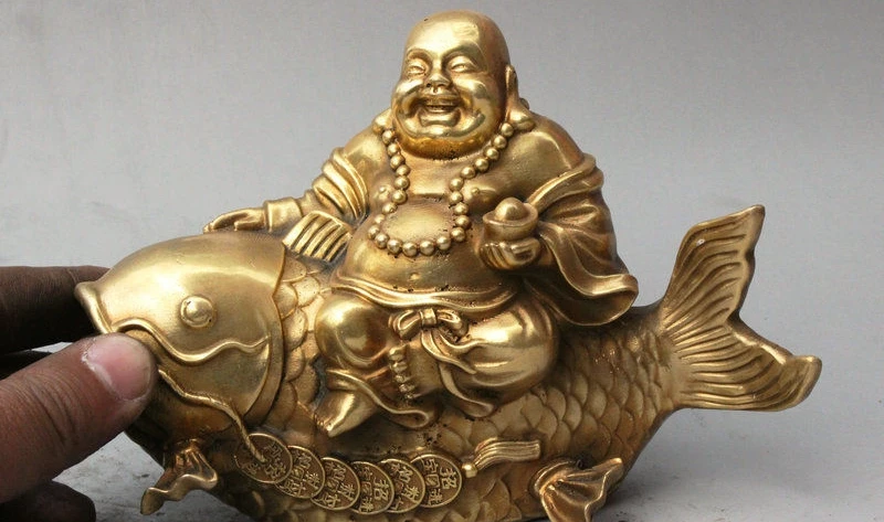 

7" Old China Buddhism Happy Laugh Maitreya Buddha Ride Fish Wealth Coin Statue