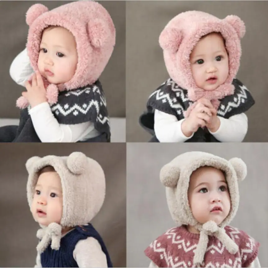 Милая теплая шапка для маленьких мальчиков и девочек, зимняя Милая Шапка-бини, плюшевые зимние шапки с ушками медведя для малышей, шапки, подарок, st20 p35
