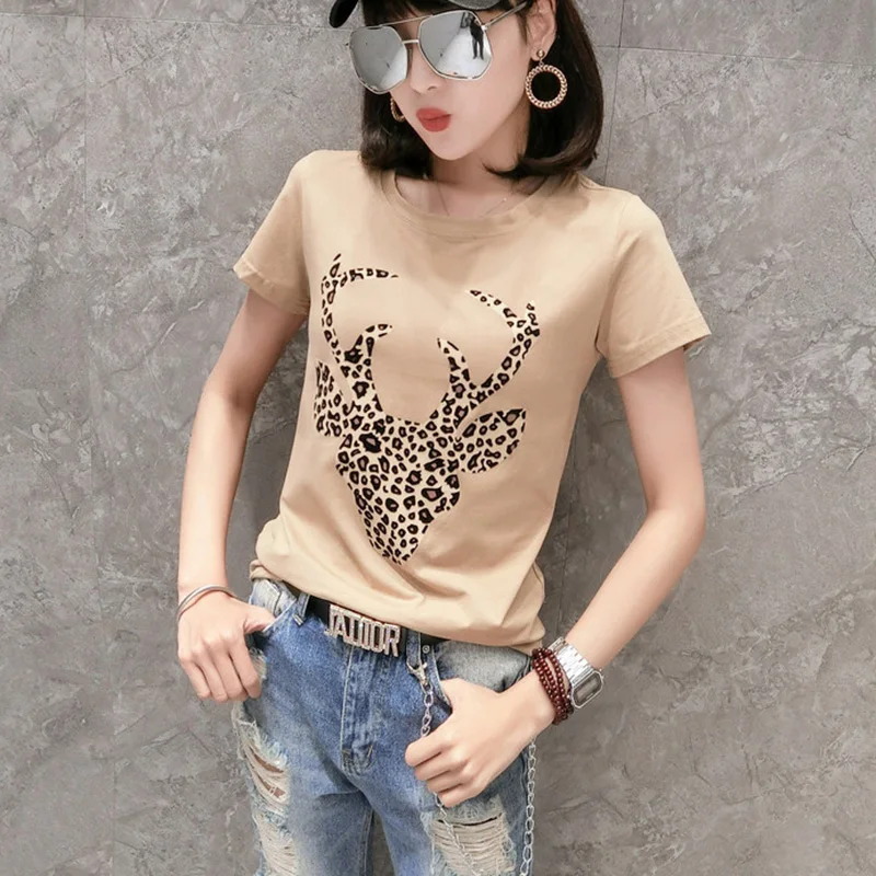 

Poleras De Mujer Moda 2019 Summer Cotton Harajuku Tshirt Leopard Print T shirts White Women Vintage Short Sleeve Tee Shirt Femme