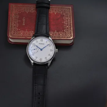 

Fashion 44mm parnis luxury top brand clock white dial blue hands relogio masculino hand winding 6497 movement mens watch