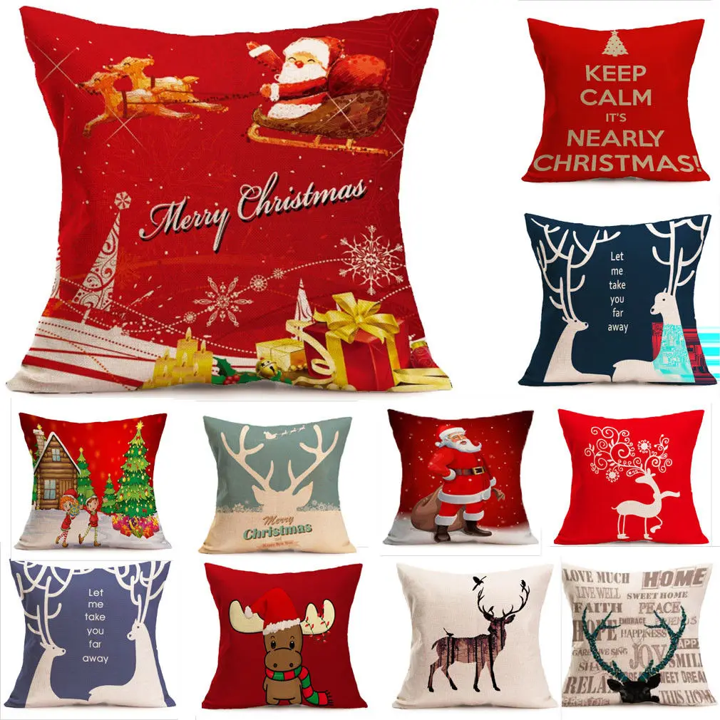 Christmas Cushion Cover Santa Cotton Linen Throw Xmas Print Cushion
