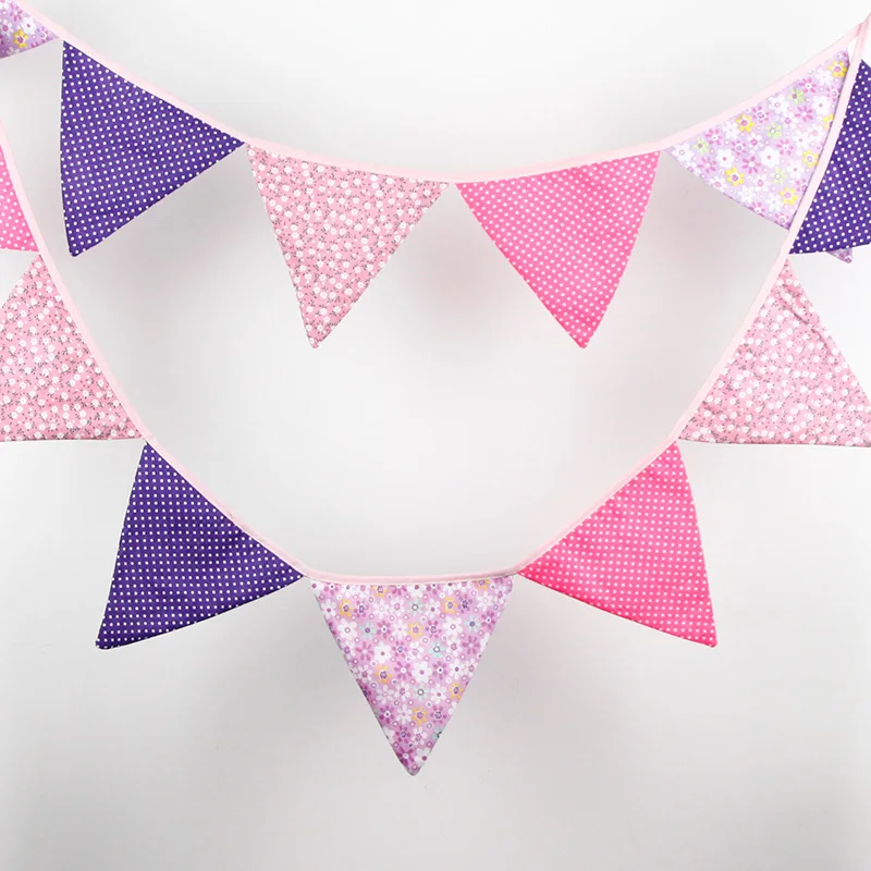 

12 Flags - 3.2M Cotton Fabric Banners Customize Wedding Bunting Decor Purple Party Girl Birthday Baby Shower Garland Decoration