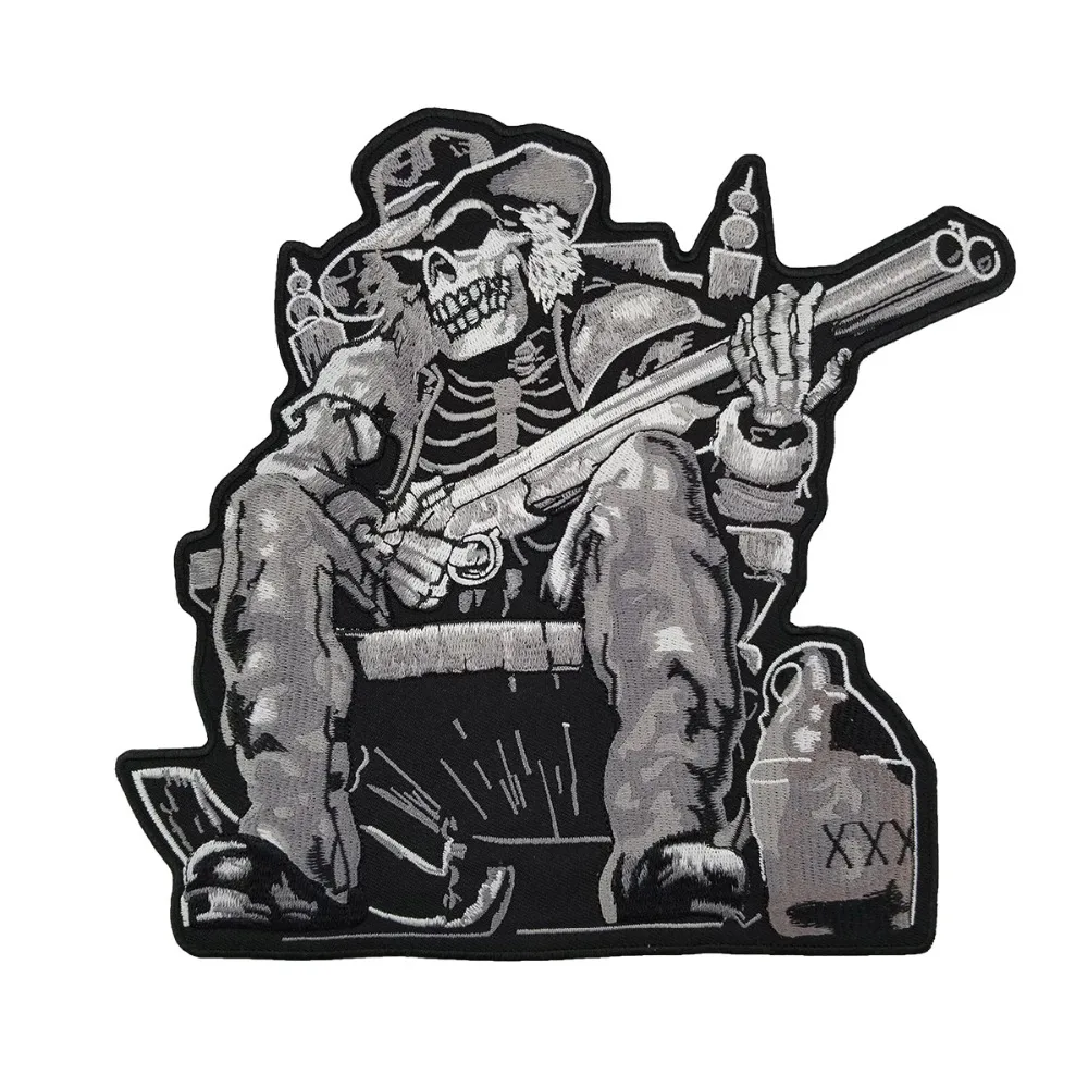 Hand with gun skull Vest Motorcycle Embroidered Iron On Back of Jacket Patch Black twill fabric Free Shipping DIY Eco-Friendly(1)