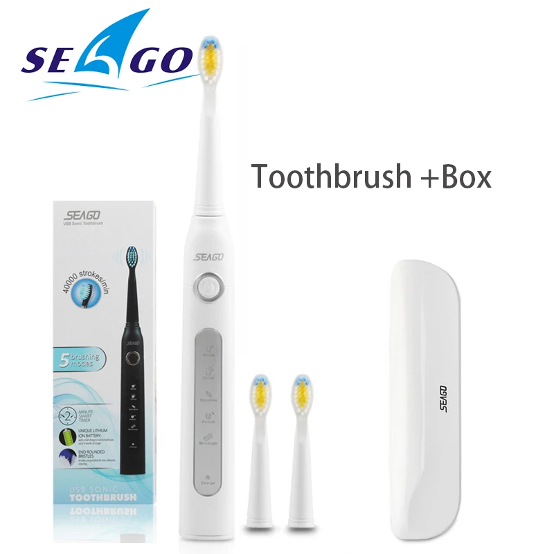thumbnail image 1 of Cepillo de dientes eléctrico sónico Seago, recargable por USB, resistente al agua, cabezal de repuesto, el mejor regalo, 1 of 5