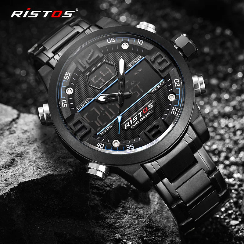 Мужские спортивные часы RISTOS из нержавеющей стали, аналоговые наручные часы, многофункциональные модные часы с хронографом Relojes Masculino Hombre 9338