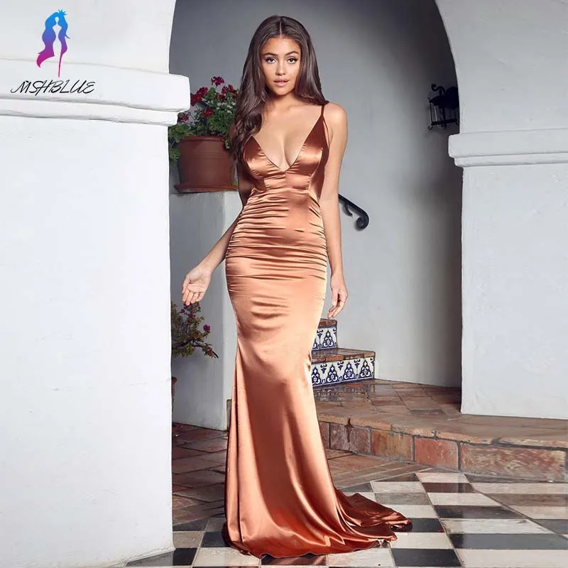 

Sexy Brown Silk Prom Dresses Long 2019 Formal Gowns Backless Dress MSHBLUE