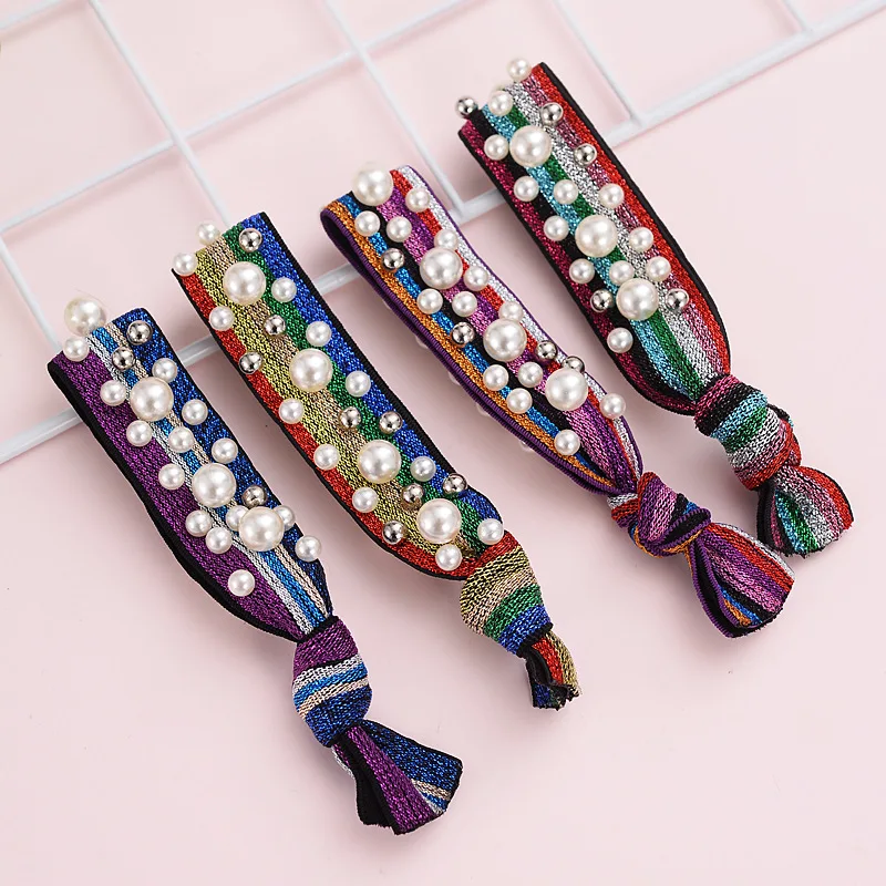 

Handmade beaded color bright line knotted hair rope high elastic rubber band ordinary ball head rope hair ring female
