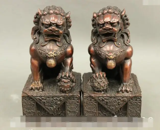 

S4248 Exquisit China FengShui Pure Bronze Guard Door Lion Fu Foo Dog Ball Statue Pair discount 30% (C0324)