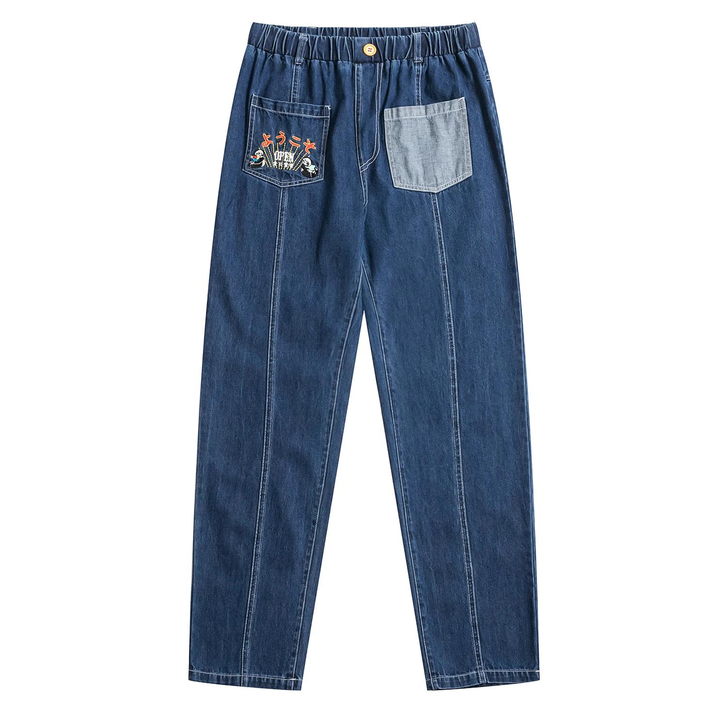 

Casual Women Jean Pants Elastic Waist Preppy Style Femme Denim Pants Panda Embroidery Full Length Spring Summer New Trousers