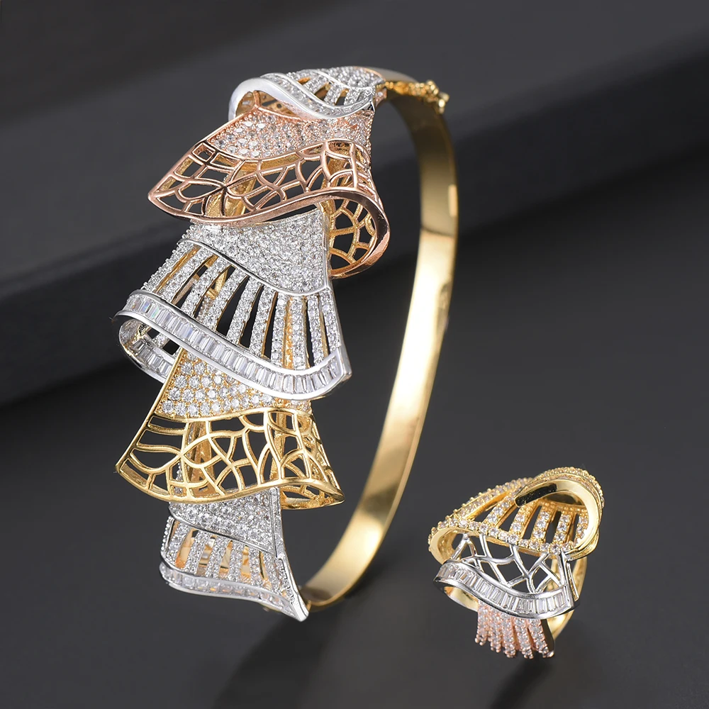

Luxury Geometric Shape CZ Bracelet Resizable Ring Jewelry Sets For Nigerian Women Full Cubic Zirconia Inlaid Jewelry Sets