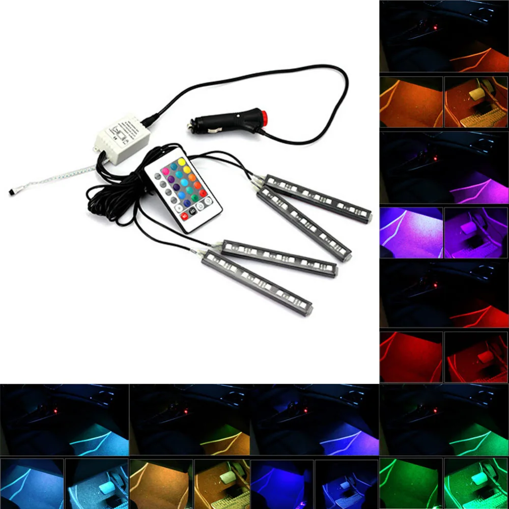 Car LED Strip Light Cars Interior Lights 12V Multicolor RGB Atmosphere Neon Lamp Under Dash Lighting Kit with Remote Control