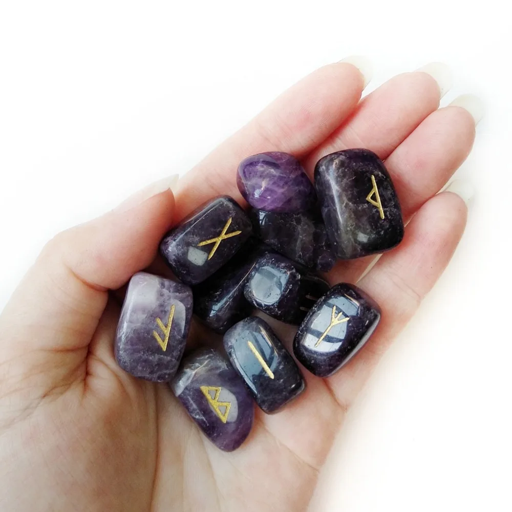 Meet Jo, 25 шт., натуральный Фиолетовый аметист, камни, обрушенный кристалл, рейки, целебные руны викингов, набор камней, скандинавские амулеты, гадания, комплект