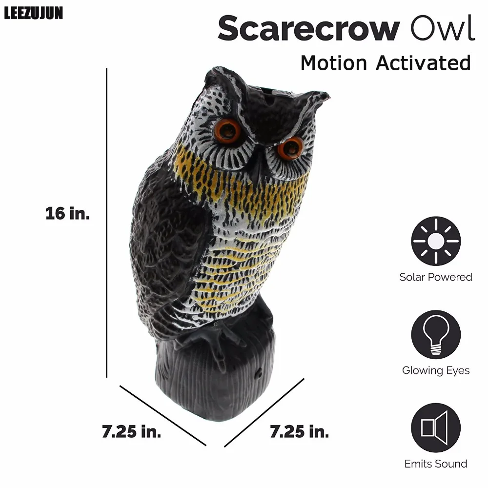 Realistic Owl Scarecrow with Flashing Eyes and Frightening Sound - Solar Powered and Motion Activated -Frightens Birds and Pest Realistic Owl Scarecrow with Flashing Eyes and Frightening Sound - Solar Powered and Motion Activated -Frightens Birds and Pest