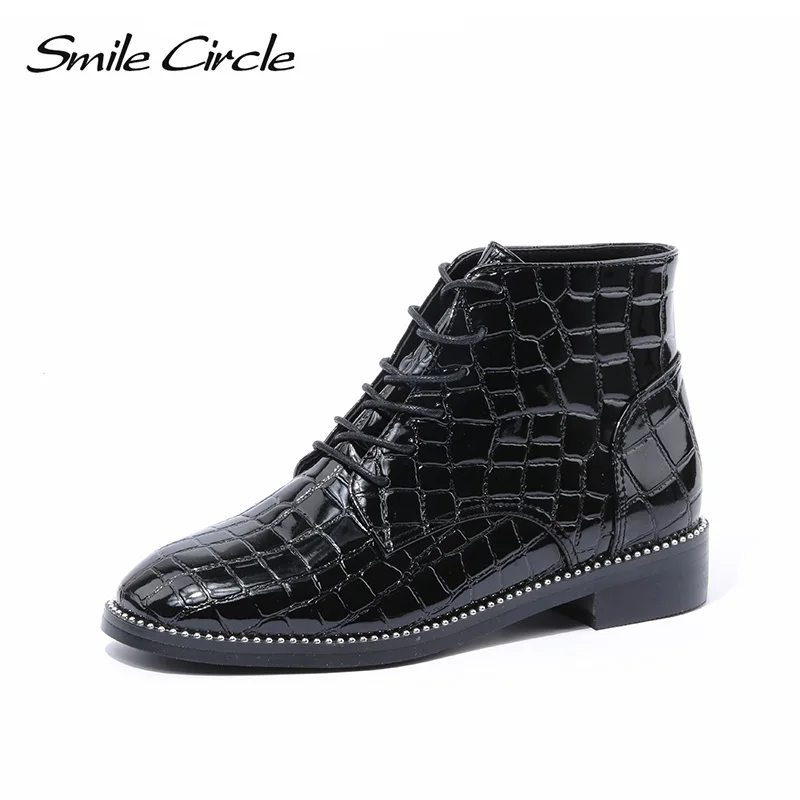 

Smile Circle ankle leather boots for women black Fashion Lace-up Flat Short Boots Autumn 2018 ladies shoes