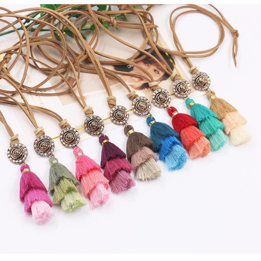 ##BUY Fashion Vintage Bohemian Ethnic 3 Layers Fringe Long Tassel Tribal Pendants Necklace For Women Leather Chain Handmade Jewelry