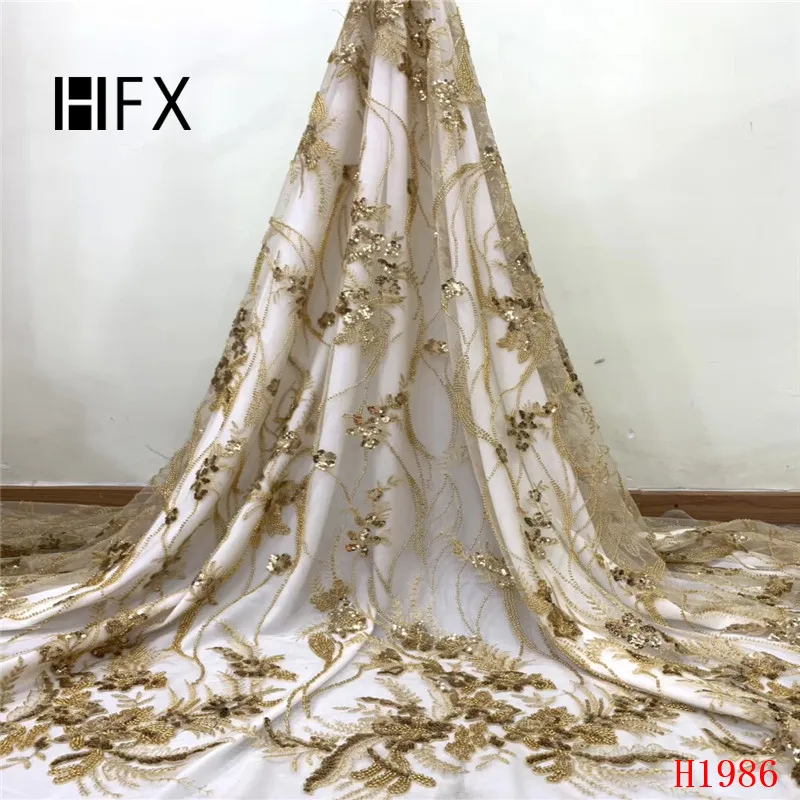 

HFX Gold Bridal Lace Fabric High Quality African Sequins Beades Lace Fabric Embdroidery 3d French Lace Fabric for 5yards F1986