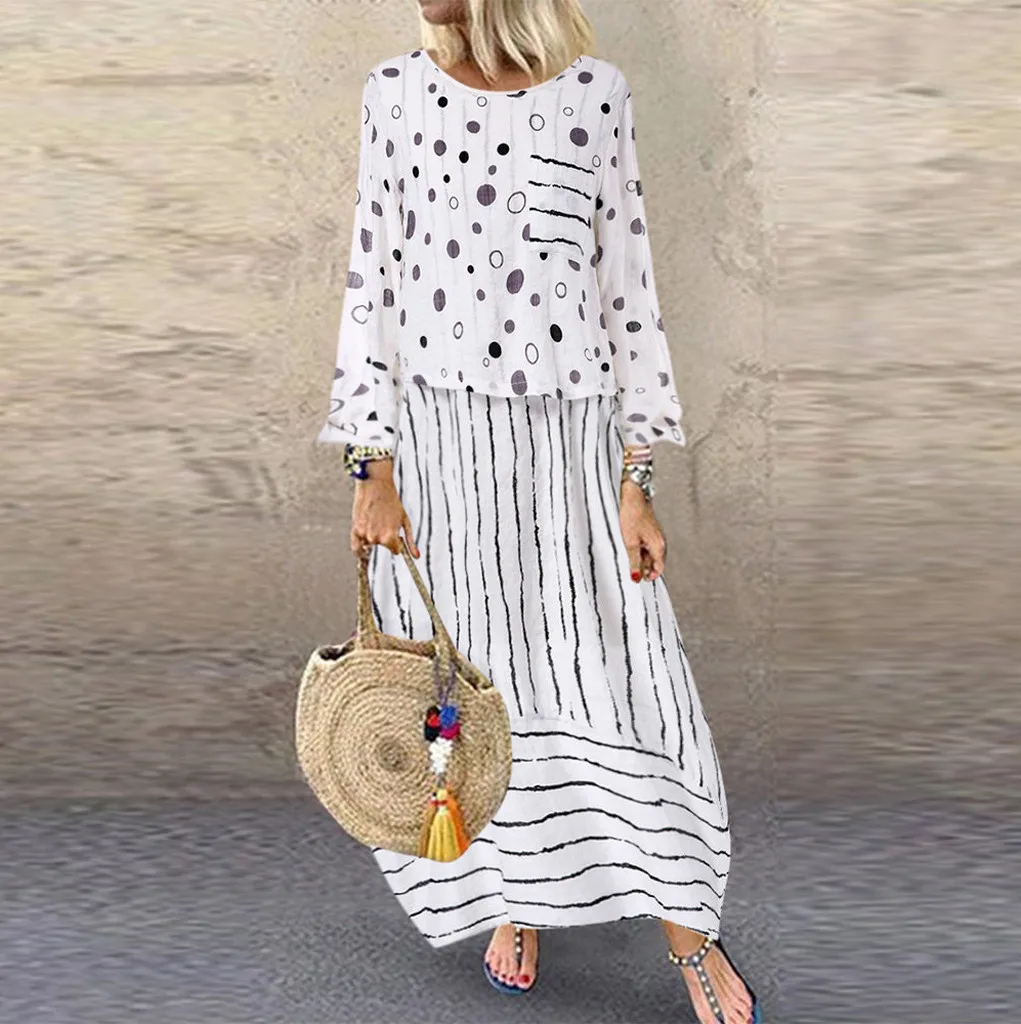 Vintage Maxi Dress Women Summer Boho Polka Dots Striped Fake Two-piece Long Dress Loose Cotton Linen Vestidos Plus Size Robe