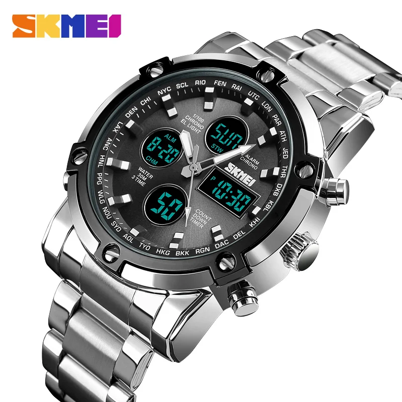 

Mens Watches Top Luxury Brand Sports Watch SKMEI Countdown Stainless Steel Strap Quartz Wristwatches Men Clock Relogio Masculino