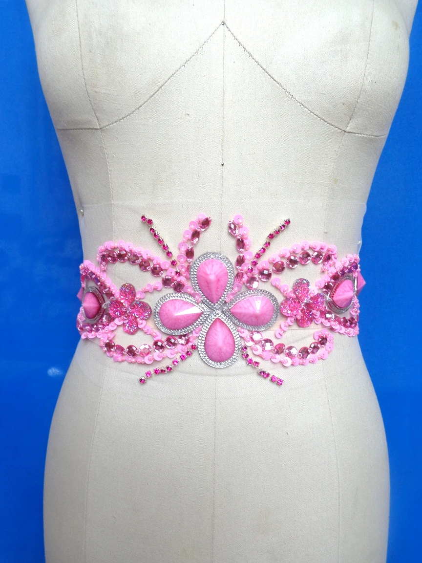 handmade pink sew on rhinestones applique crystals trim patches 37*12cm