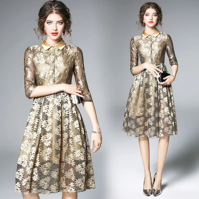 

2018 New Spring Fashion Women's Clothing Europe Patchwork Turn-down Collar Vintage Dress Lace Flowers Embroidery Dresses Female