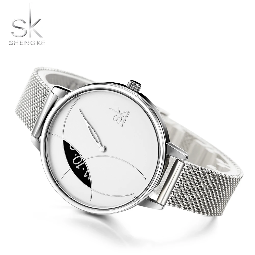 Shengke Women Fashion Watch Creative Lady Casual Watches Stainless Steel Mesh Band Stylish Desgin Silver Quartz Watch for Female