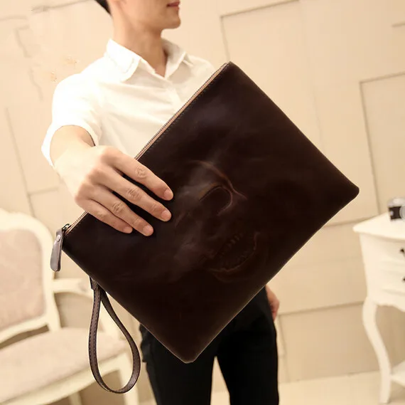 

etn bag hot sale good quality men PU Leather bag skull print hand bag day clutches envelope bag male vintage clutch