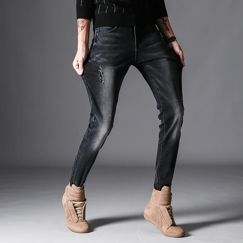 UMMEWALO 2018 черные обтягивающие джинсы мужские дизайнерские рваные джинсы повседневные хлопковые Стрейчевые джинсы мужские Slim Fit