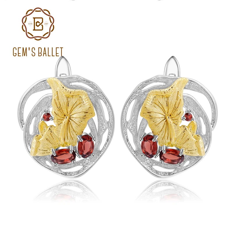 

GEM'S BALLET 925 Sterling Silver Gemstone Earrings Natural Red Garnet Handmade Lotus Pond Clip Earrings For Women Fine Jewelry