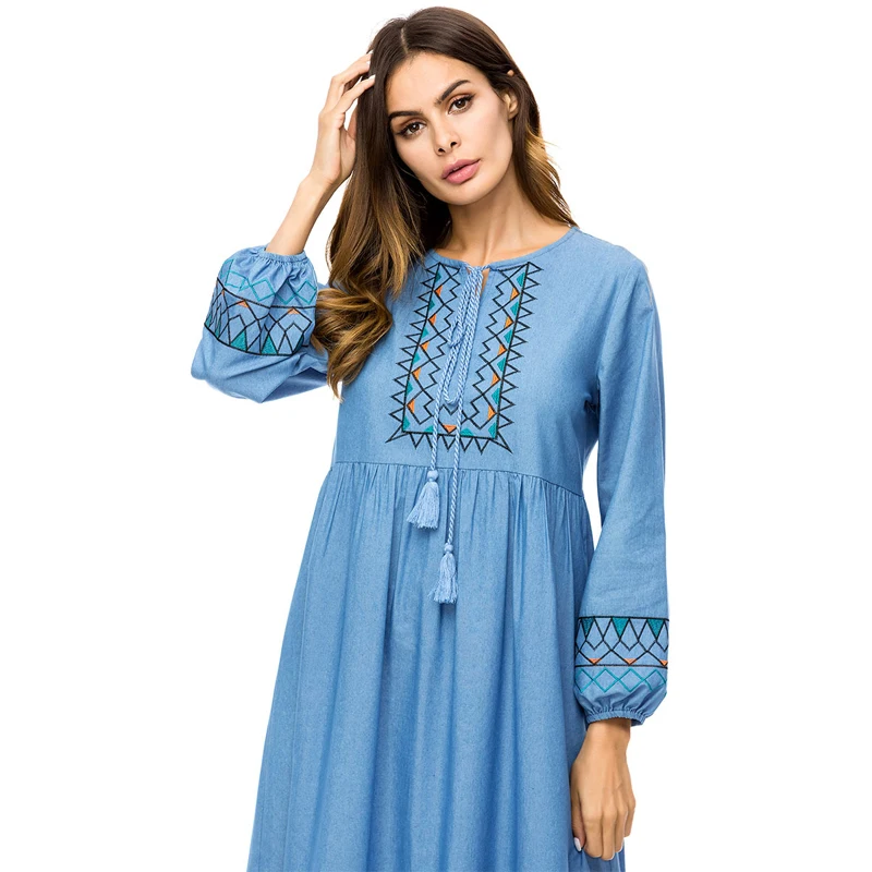 MISSJOY/джинсовое платье abaya с вышивкой в Дубае женское длинными рукавами