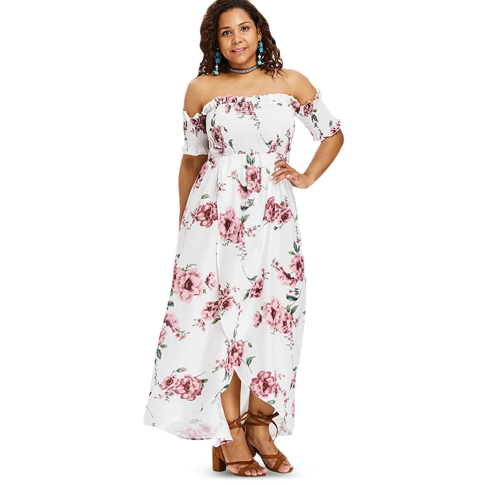 Wipalo Plus Size Flower Empire Waist Maxi Dress Asymmetrical Tulip Off Shoulder Floor-Length Bohemian Big Vestidos | Женская одежда